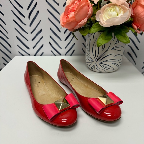6 - Vintage Kade Spade Red Flats with a Pink Bow & Gold Stud - Picture 2 of 8